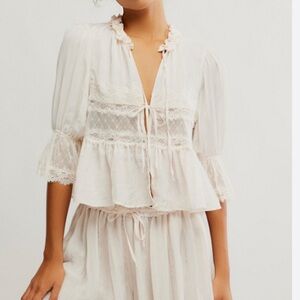 Free People Forever Young Bed Jacket Cream Lace Peplum Blouse medium